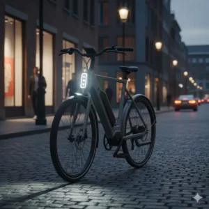 "An electric commuter bike equipped with a sleek, custom e-bike headlight, parked in an urban setting, highlighting practical application for city riders."