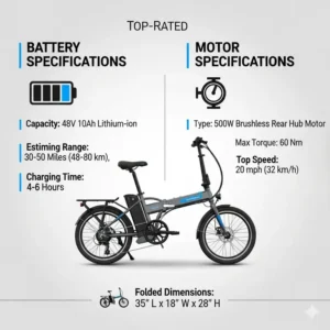 An infographic illustrating the battery and motor specifications of a top-rated foldable e-bike, detailing its range and power output. 
