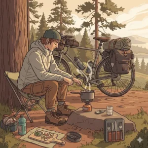 An illustration of a person sitting next to their camping bike, using a small portable stove to cook a meal, highlighting the self-sufficiency of a bike-camping trip.