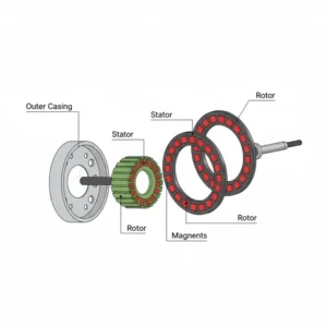 Diagram illustrating the internal structure of a direct drive electric bicycle hub motor, emphasizing its robust and silent operation without gears