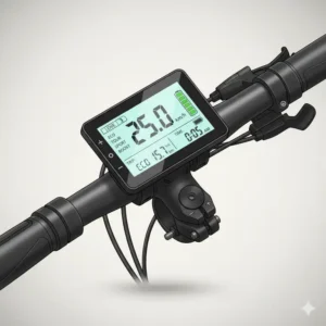 A clear image of an e-bike display or monitor mounted on handlebars, showing speed, battery life, and assist levels, crucial for monitoring e bicycle parts performance.