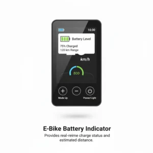 Visual of an an e-bike display's battery indicator, clearly showing remaining charge levels and estimated range for long rides.