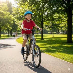 A family with a child on e-bikes for kids riding together on a paved trail.