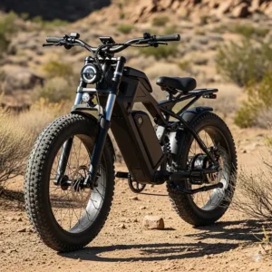 An electric bike with oversized, fat tires and a sturdy frame, giving it the rugged look of an off-road motorcycle.