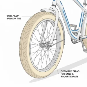 A close-up view of the wide, balloon tires on a blue electric beach cruiser, designed to comfortably ride on sand and uneven terrain.