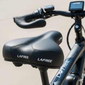 The comfortable ergonomic saddle and ergonomic grips of the Lafree electric bike for a smooth ride.