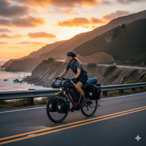  A loaded Liv ebike with panniers and a rider on a long-distance touring adventure, demonstrating its suitability for extended trips.