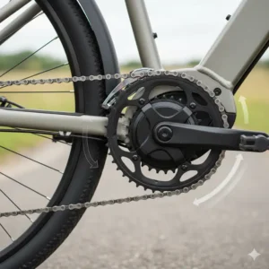 A detailed shot highlighting the gear system and chain on a mid-drive e-bike, showing how the motor works with the bicycle's existing gears. 
