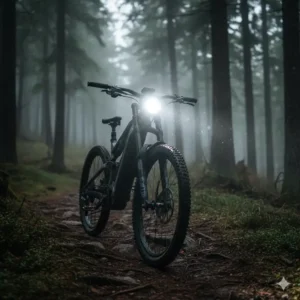 "Rugged electric mountain bike with a powerful, durable custom e-bike headlight, navigating a trail in low light conditions, emphasizing off-road visibility."