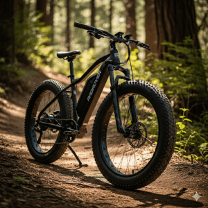 A RadRover electric fat tire bike shown on a dirt trail, highlighting its rugged build and all-terrain capabilities. The image shows off its large, knobby tires and suspension fork, common features in robust rad electric bicycles.