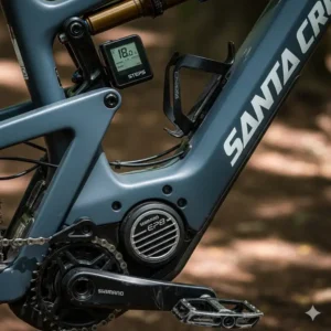 An image showing the powerful Shimano EP8 motor on a Santa Cruz e-mountain bike, emphasizing its lightweight and efficient performance.