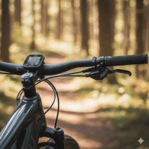 The clean handlebar setup of a Turbo Levo, featuring the integrated Mission Control display and remote controls.
