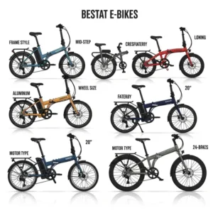 An illustration showing a variety of the best foldable e-bikes side-by-side, each with different frame styles and wheel sizes to compare options. 
