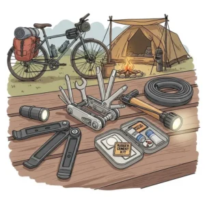 An illustration displaying essential tools for a camping bike trip, including a multi-tool, tire levers, and a patch kit, showing the importance of being prepared for repairs.