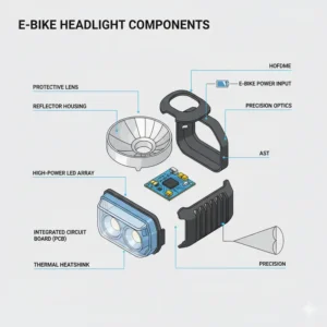 "A heavy-duty cargo e-bike featuring a robust, custom e-bike headlight, used for deliveries in an urban environment, ensuring safety and visibility for commercial use."