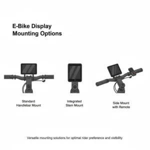 Illustration showcasing different e-bike display mounting options on handlebars and integrated into the frame for optimal rider visibility.