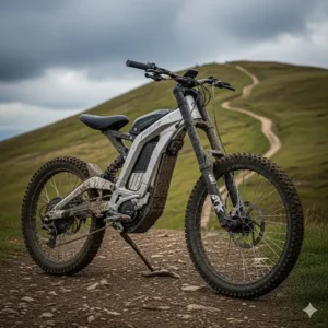 An electric bike with a full suspension system, long travel forks, and a robust build, similar to an enduro motorcycle. 