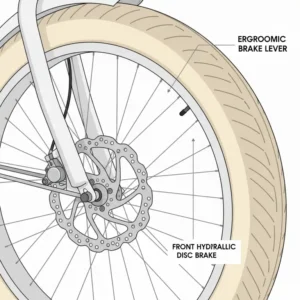 An illustration of the front and rear disc brakes on a custom electric beach cruiser, emphasizing their strong stopping power for safety.