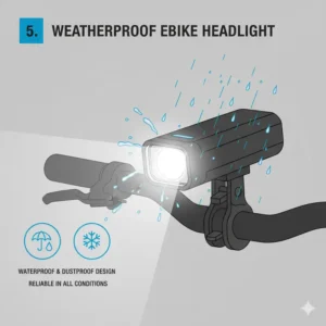 Icon or illustration depicting a waterproof and weatherproof electric bicycle headlight, suitable for all riding conditions.