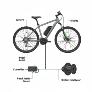 Comprehensive system diagram of an e-bike, featuring the integration of an electric bicycle hub motor with the battery, controller, and display unit