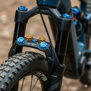 A high-quality image of the front suspension fork of a full suspension electric mountain bike, focusing on the fork's travel and adjustability.