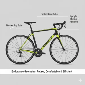 A rider in a cycling jersey enjoying a long-distance ride on their giant defy road bicycle on a winding road, showcasing the bike's performance and comfort.