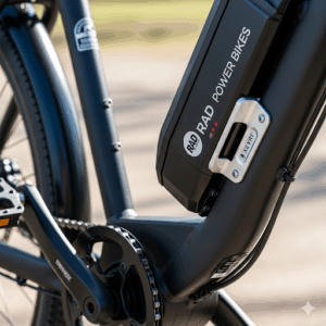 A detailed view of a Rad Power Bikes battery pack, positioned on the frame of an electric bicycle. The image focuses on the battery's sleek design and integrated placement, a key component of rad electric bicycles.