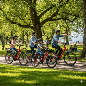 | A family using Revolt electric cycles for a weekend ride in a park, highlighting their versatility