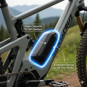 A picture of the large-capacity battery on a Santa Cruz e-mountain bike, pointing out its long-range capability for extended trail rides.