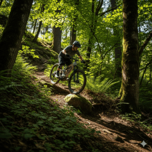 A rider effortlessly climbing a steep, wooded hill on their Specialized Turbo Levo electric mountain bike.