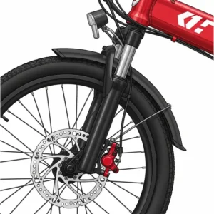 A detailed illustration highlighting the front suspension fork and disc brake system on a red foldable e-bike, emphasizing key performance and safety features.