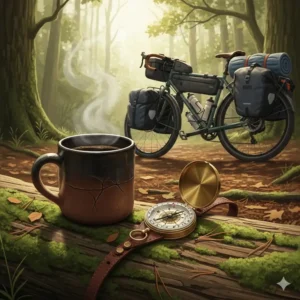 An illustration of a steaming coffee mug and a compass resting on a log, with a camping bike visible in the background, evoking the relaxing mornings on a camping bike tour.
