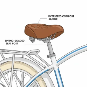 A picture of an oversized comfort saddle and spring-loaded seat post on a green electric beach cruiser, perfect for long rides.