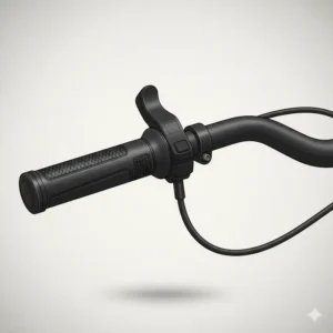 A close-up image of an e-bike throttle control on the handlebar, allowing riders to adjust speed without pedaling, one of the optional e bicycle parts.