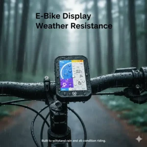 An e-bike display with water droplets on the screen, emphasizing its weather-resistant and durable design for all-condition riding.