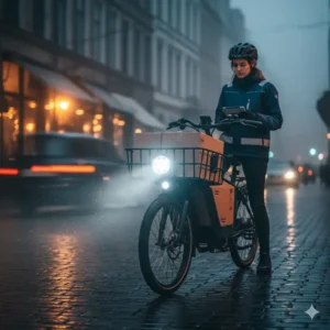 "Infographic-style image illustrating key features of custom e-bike headlights, such as adjustable brightness levels, various beam modes, and smart integration."