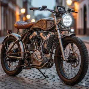 A unique, custom-built electric bike with a handcrafted frame and details that make it look like a one-of-a-kind motorcycle.
