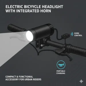 Illustration of an electric bicycle headlight combined with an integrated horn, offering a compact and functional accessory for urban riders.