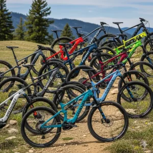 A lineup of various electric full suspension mountain bikes from different brands, showcasing the range of available designs and styles.