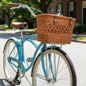 A wicker basket attached to the front of a Giant cruiser bike.