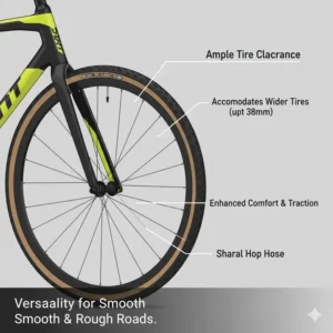 A detailed view of the tire clearance on the giant defy road bicycle, highlighting its ability to accommodate wider tires for enhanced comfort and traction on varied surfaces.