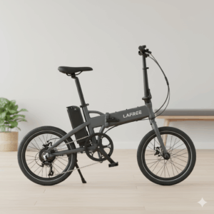 A Lafree foldable electric bike shown in its compact, folded state, easy for storage and transport.