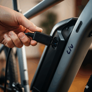  A hand plugging in a charger to the battery of a Liv ebike, showing the simple process of recharging for the next ride.