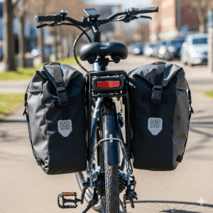 A pair of Rad Power Bikes pannier bags attached to the rear rack of an electric bike, showcasing an essential accessory for commuting and carrying gear. This enhances the functionality of rad electric bicycles.
