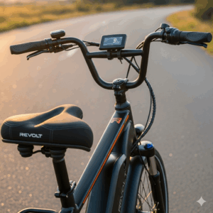  The ergonomic design of the Revolt electric cycle's seat and handlebars, tailored for comfort during long rides