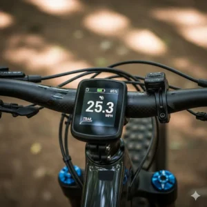A shot of the handlebar and display on a Santa Cruz e-mountain bike, showing the easy-to-read screen for monitoring speed, battery life, and assist mode.