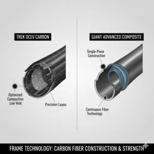 Diagram illustrating the distinct carbon fiber frame construction technologies of Trek (OCLV) and Giant (Advanced Composite), showcasing their structural differences.