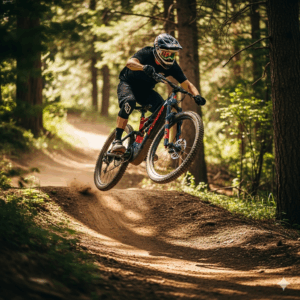 A rider on a Turbo Levo mid-air after launching from a small jump on a downhill mountain biking trail.