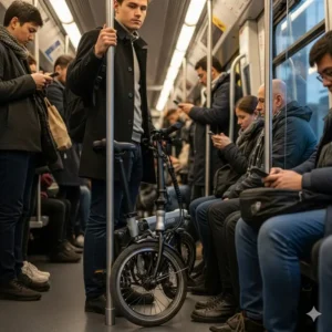 A photo of a commuter with a folded electric bike standing on a crowded train, showing how the compact design makes it perfect for public transportation.