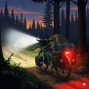 An illustration of a bright bike headlight and a rear tail light, emphasizing the safety equipment needed for a camping bike trip, especially for night riding.